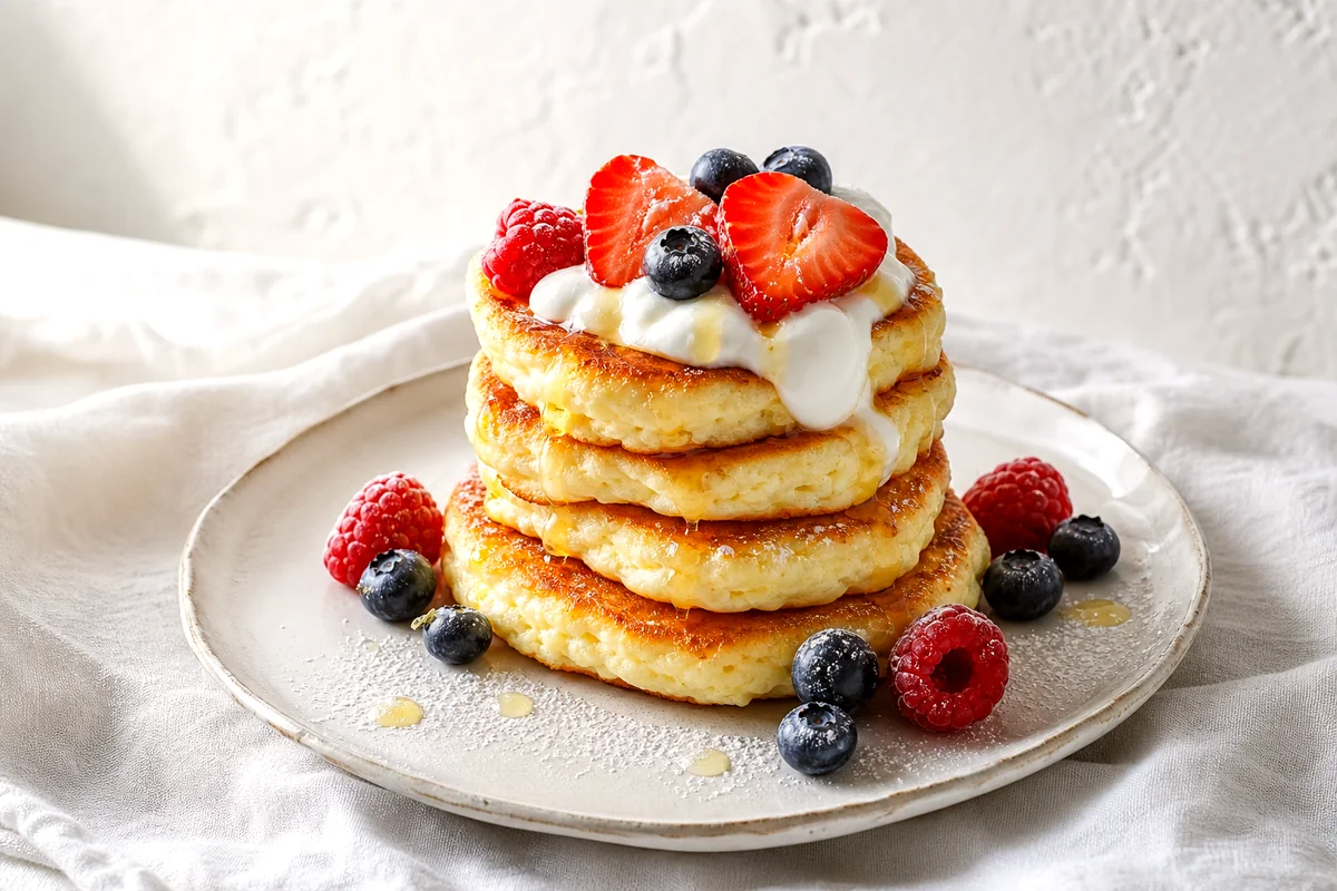 Golden cottage cheese pancakes topped with yogurt, berries, and honey on a white ceramic plate