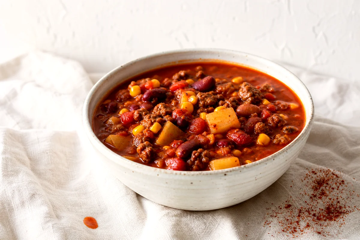 Hearty cowboy soup with beef, beans, potatoes, corn, and tomatoes in a white ceramic bowl