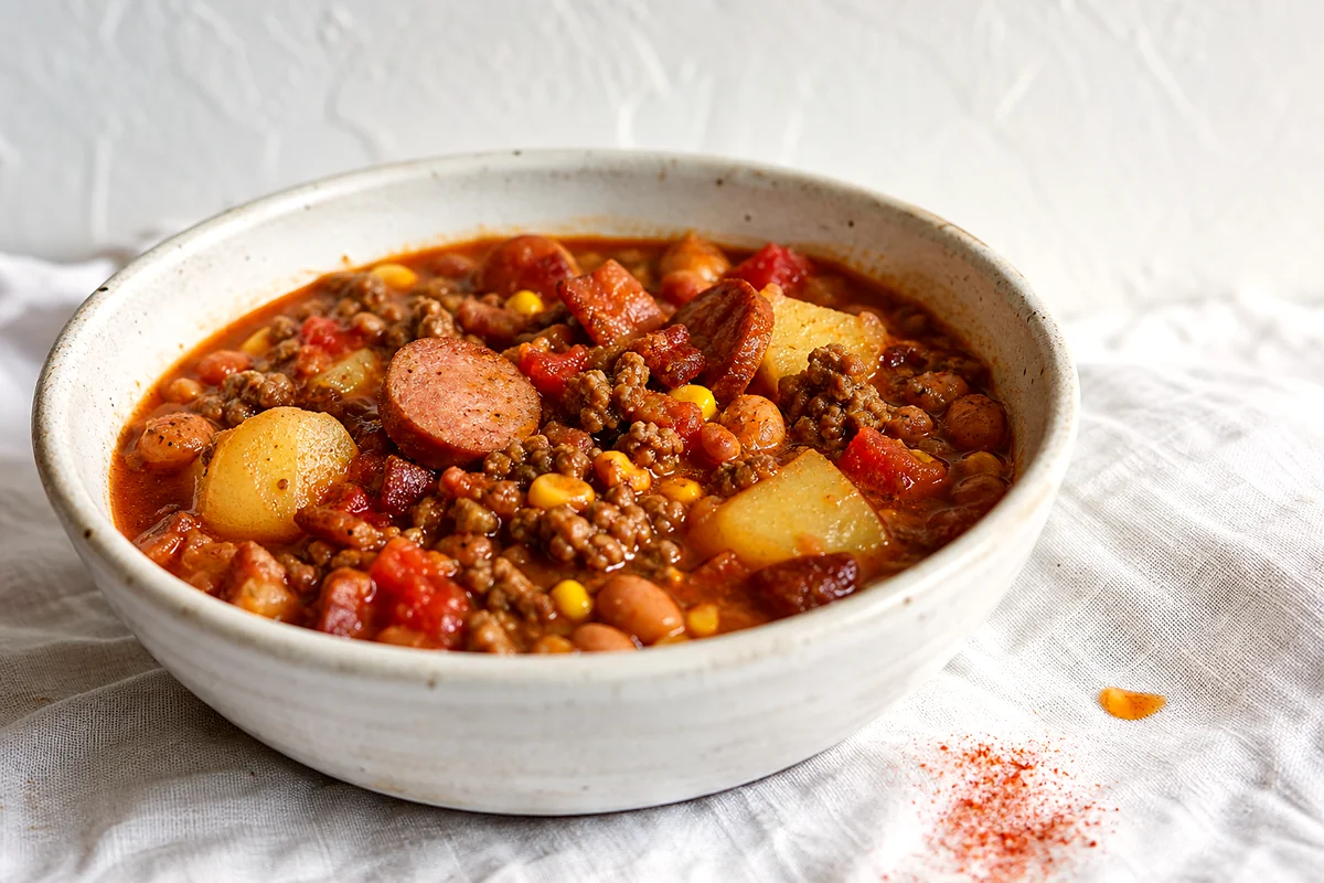 Thick cowboy stew with beef, sausage, bacon, beans, corn, and potatoes in a white bowl