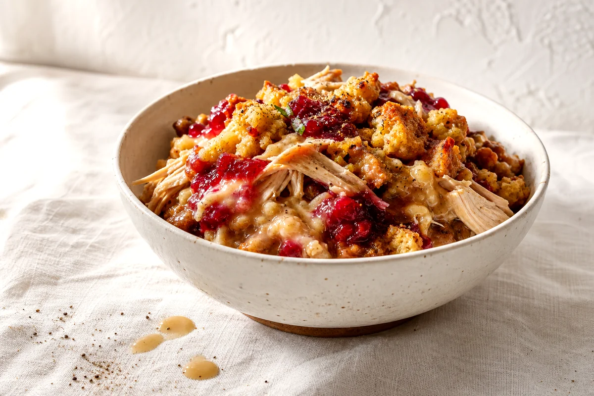 Golden stuffing topped turkey casserole with cranberry sauce and gravy in a white ceramic bowl