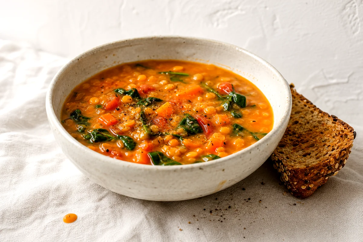 Creamy red lentil vegetable soup in a white ceramic bowl with whole grain toast