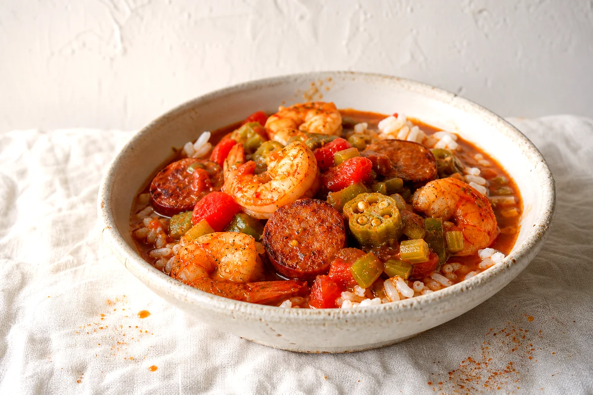 Creole shrimp and sausage stew over rice with okra and tomato broth