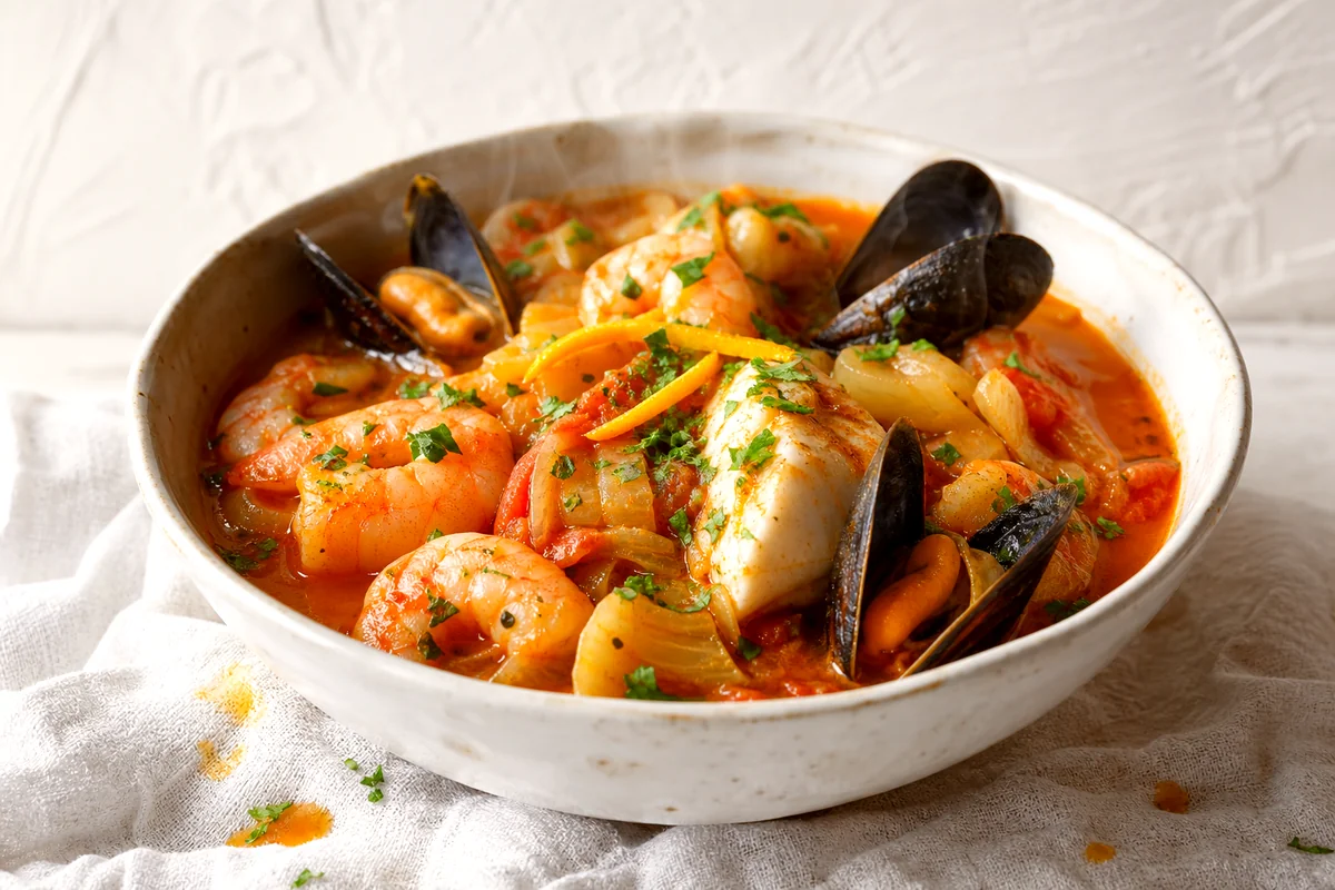 French bouillabaisse with shrimp, mussels, white fish, parsley, and tomato saffron broth in a white bowl