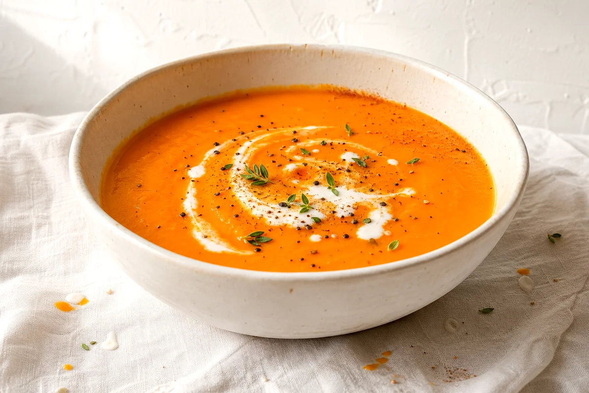 Silky carrot soup with cream swirl, thyme, and black pepper in a white ceramic bowl