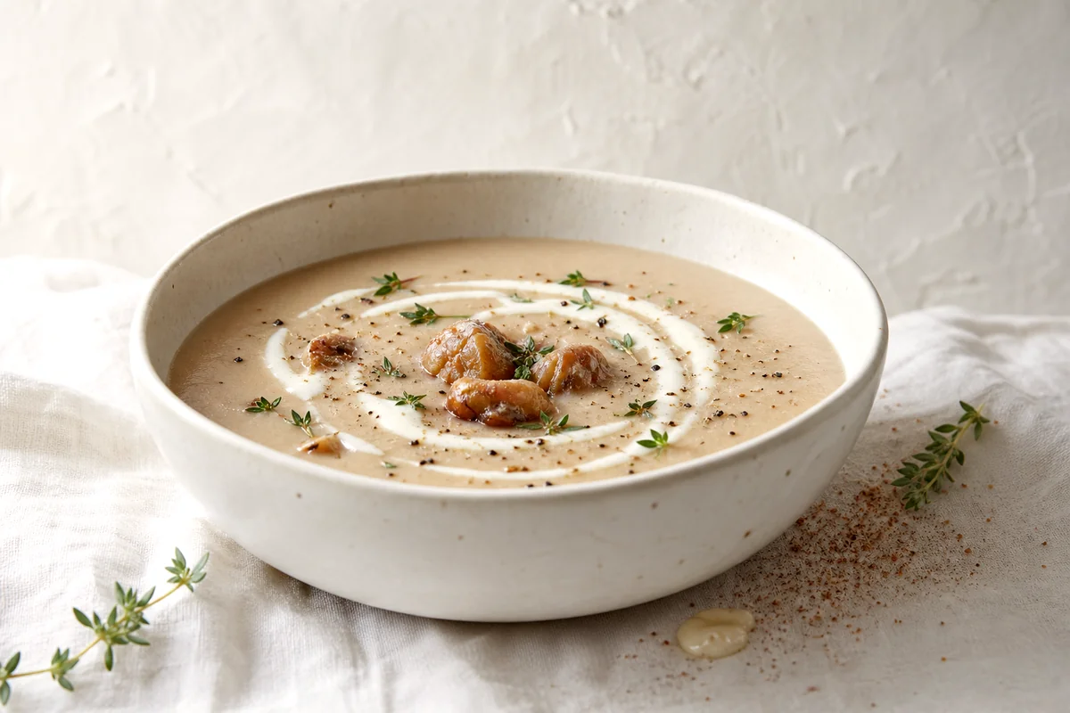 Velvety chestnut soup in a white ceramic bowl with cream swirl, thyme, and black pepper