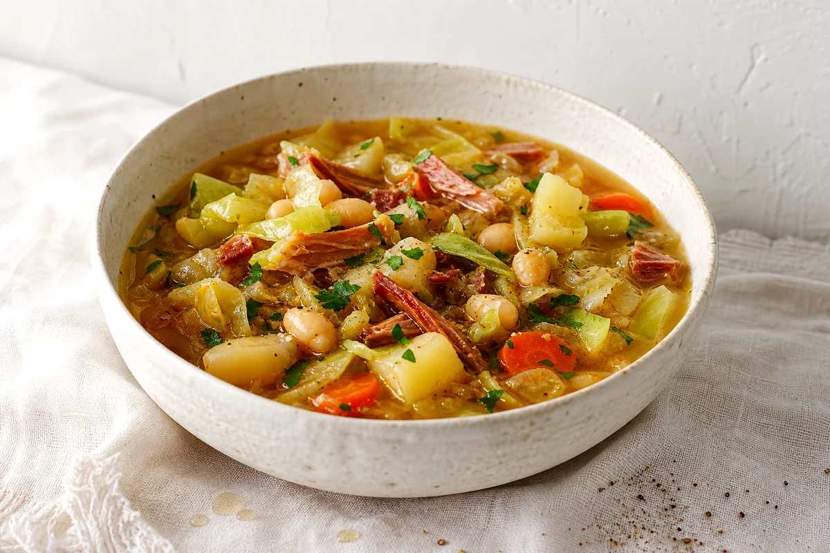 Rustic bowl of French Garbure with cabbage, white beans, potatoes, carrots, shredded meat, and parsley