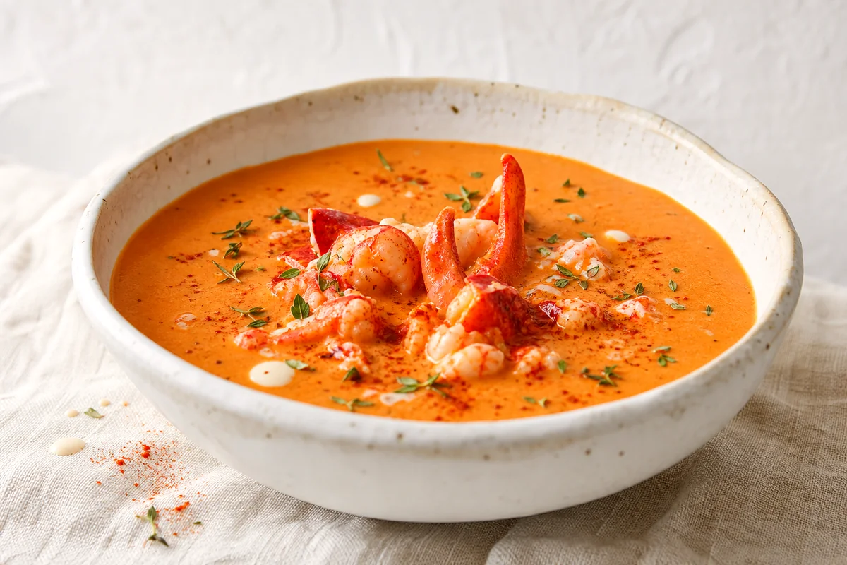 Silky orange lobster bisque with lobster pieces in a white ceramic bowl on linen