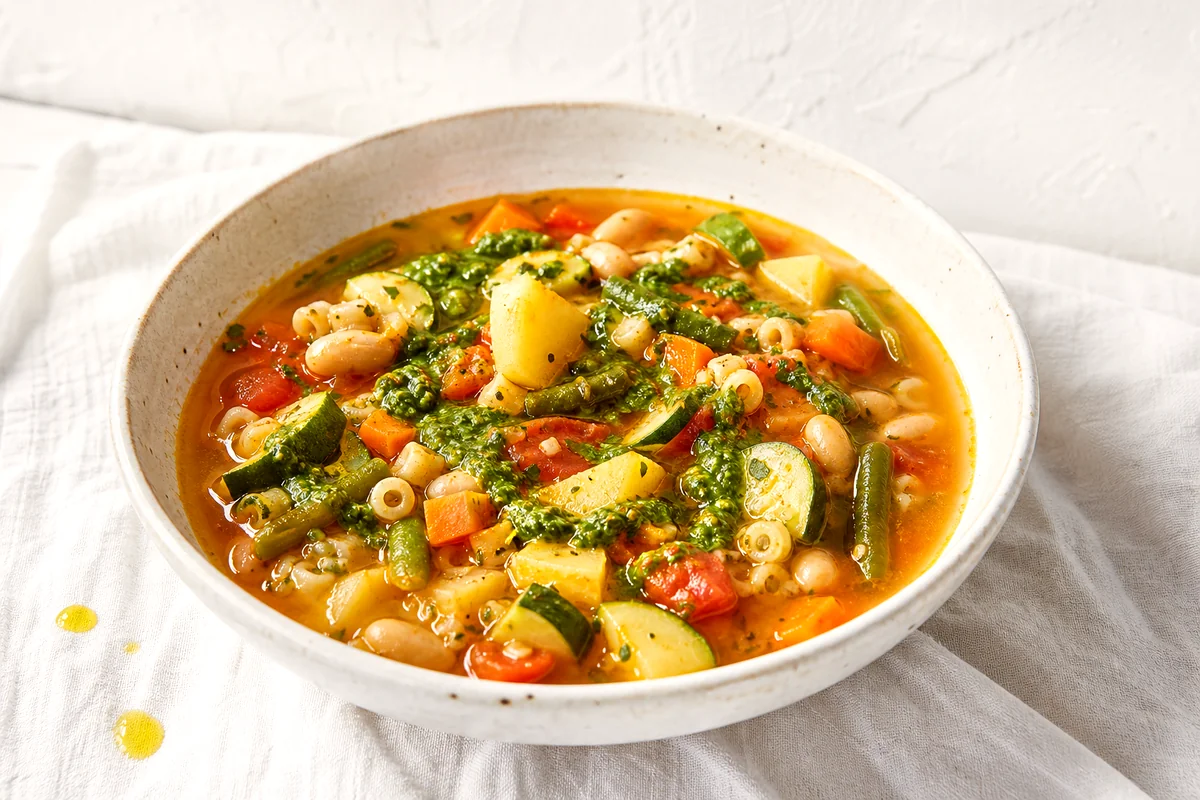 Rustic white bowl of vegetable soup with beans, pasta, and green basil pistou