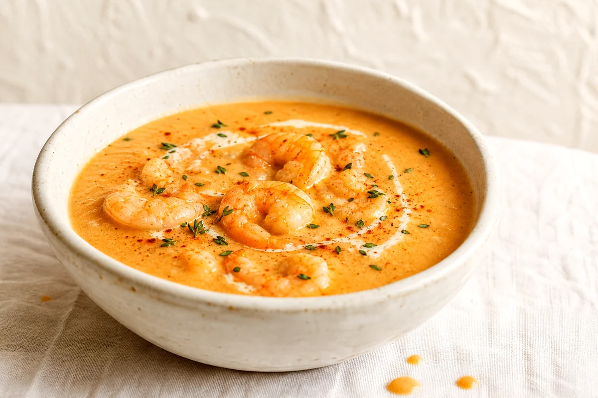 Creamy orange shrimp bisque with pink shrimp and thyme in a white ceramic bowl