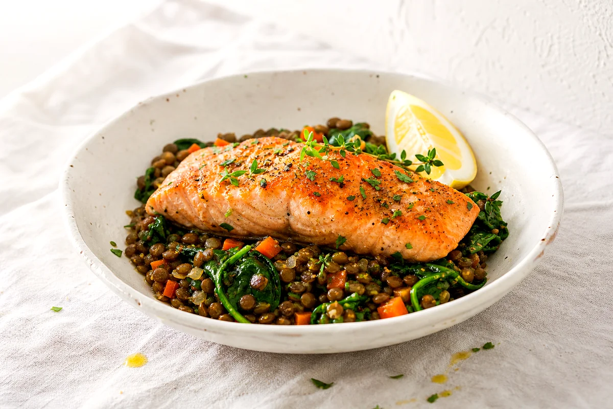 Flaky garlic herb salmon served over warm lentils with spinach, carrots, lemon, and parsley