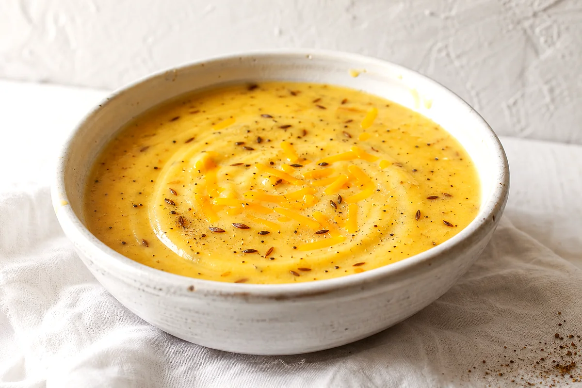Creamy golden beer and cheese soup in a white ceramic bowl with caraway seeds and black pepper