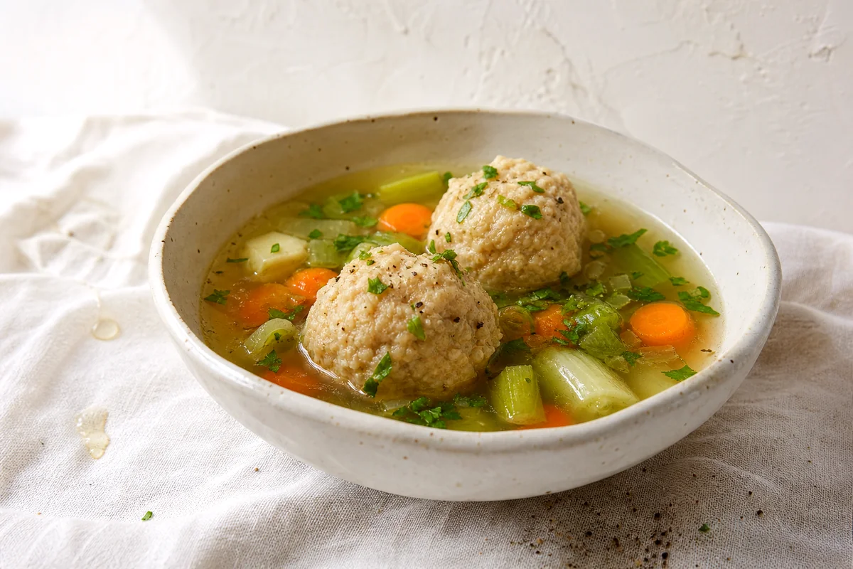 White bowl of German marrow dumpling soup with carrots, leek, celery, and parsley