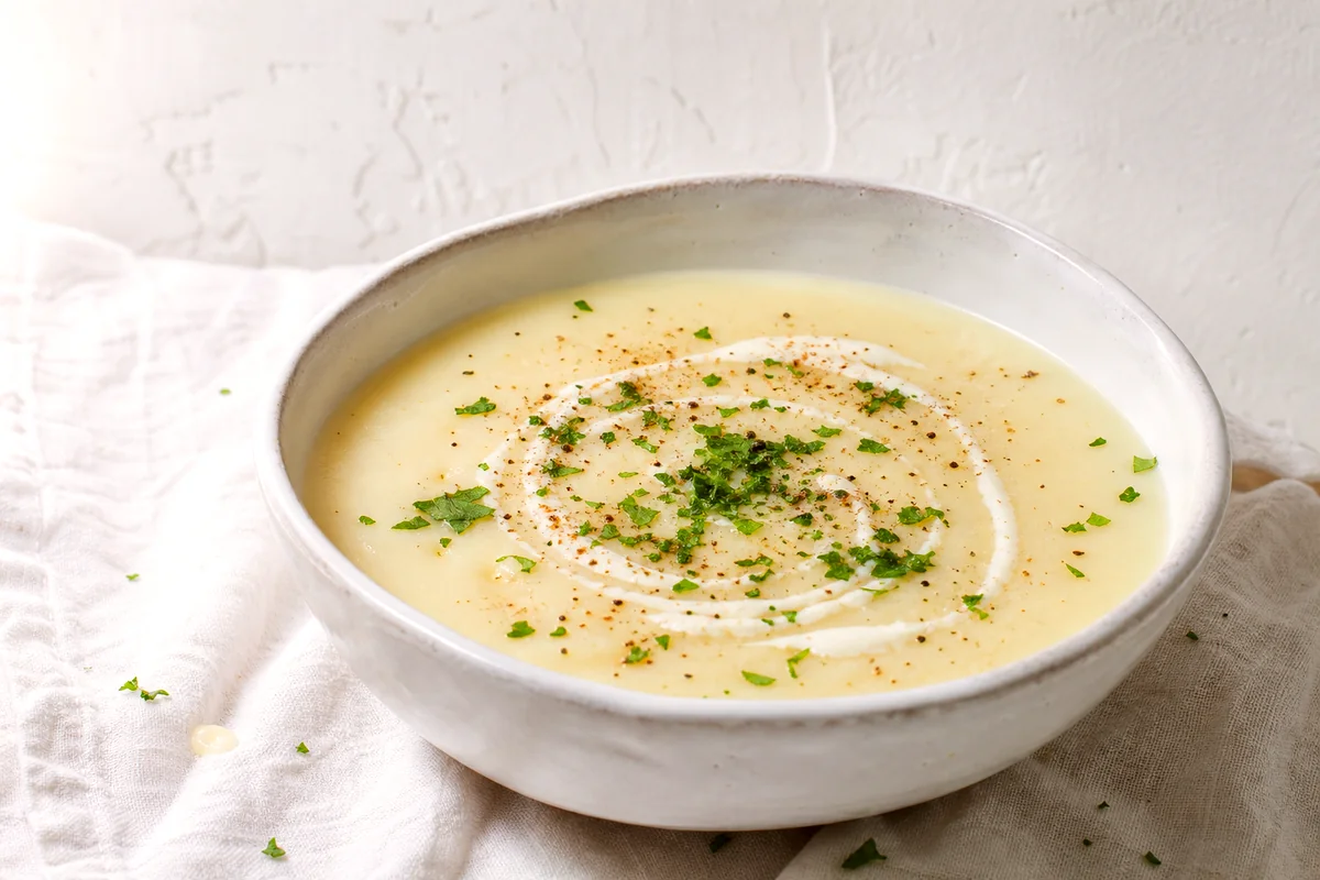 Creamy kohlrabi soup topped with parsley, black pepper, and a swirl of cream in a white ceramic bowl