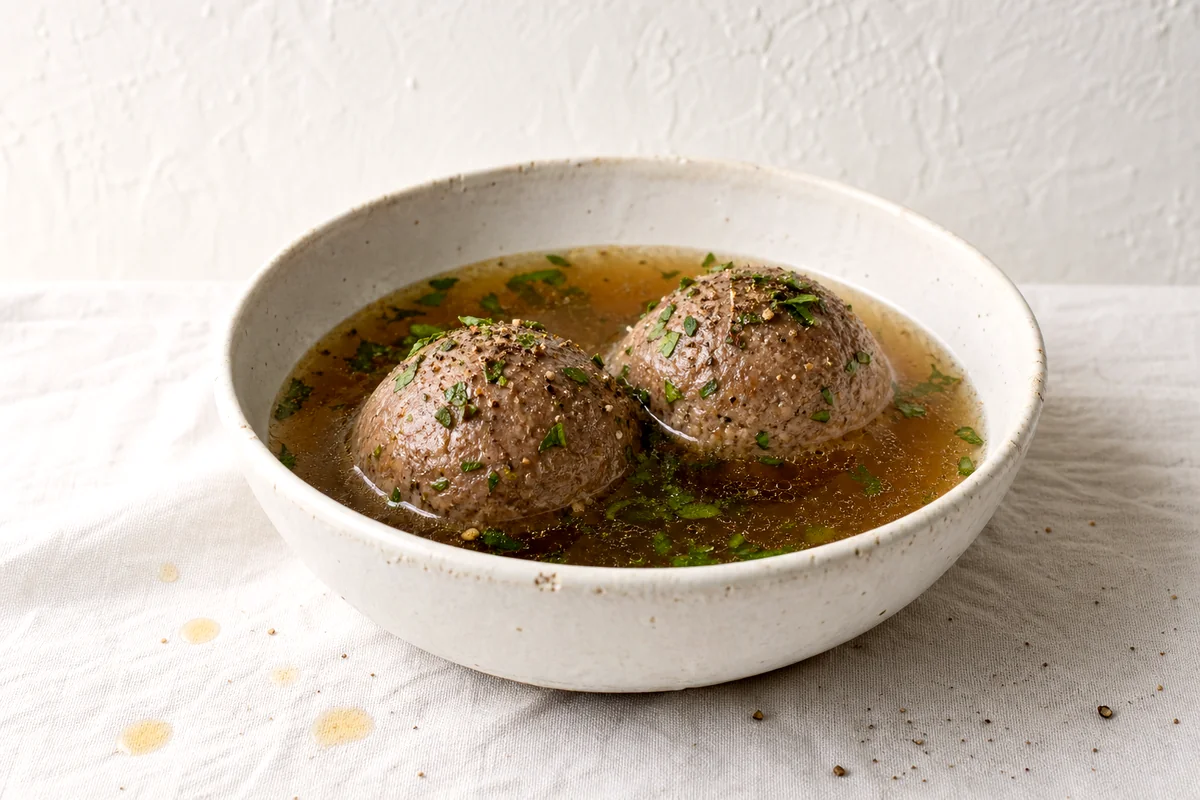 Two liver dumplings in clear beef broth with parsley in a white ceramic bowl