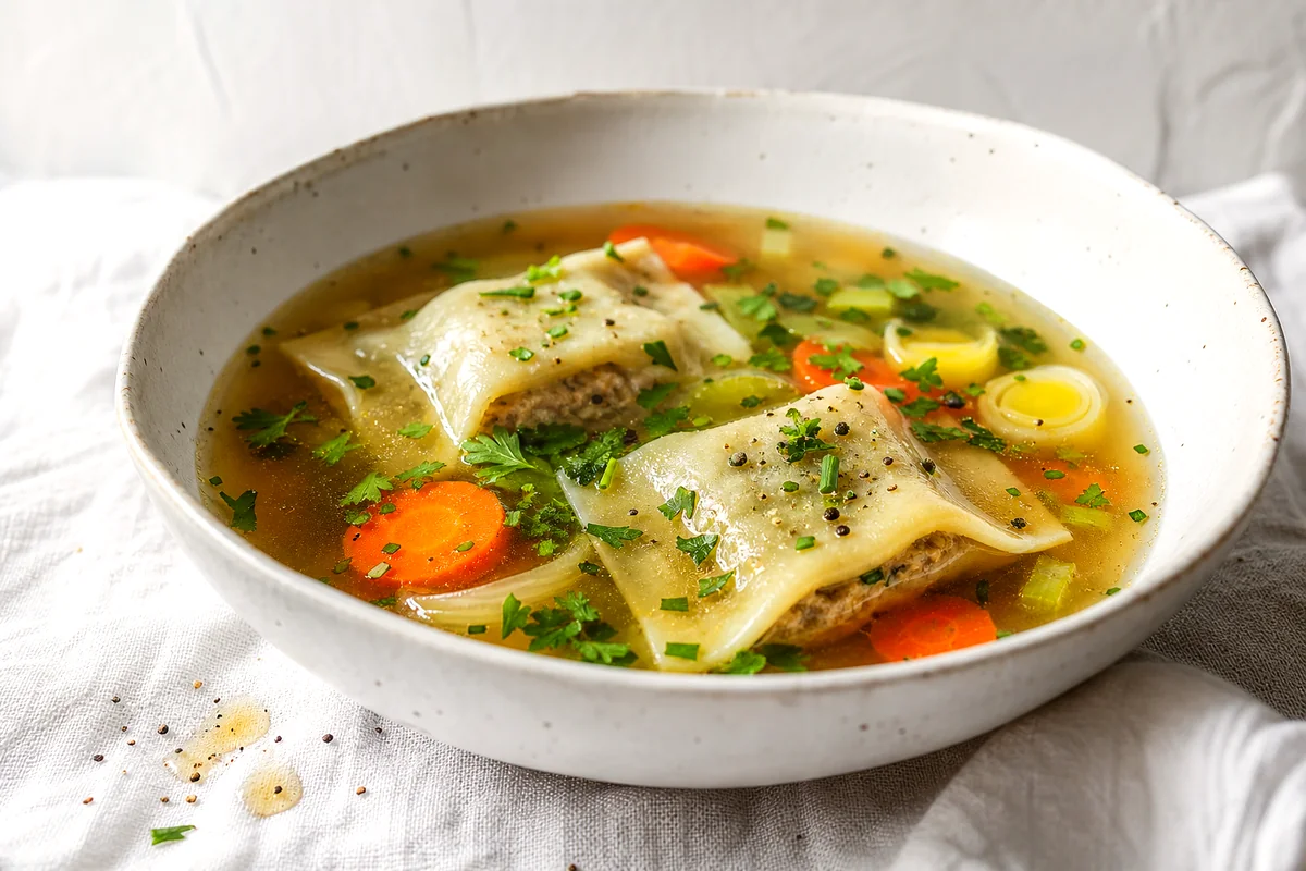 Tender Maultaschen dumplings in golden broth with carrots, leek, parsley, and chives