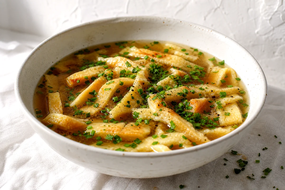 Tender pancake strips in clear broth with chives and parsley in a white ceramic bowl