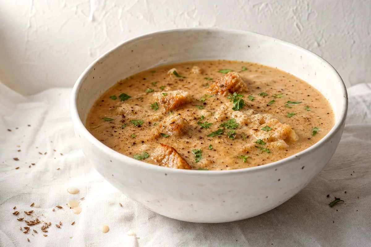 Creamy German rye bread soup topped with parsley in a white ceramic bowl