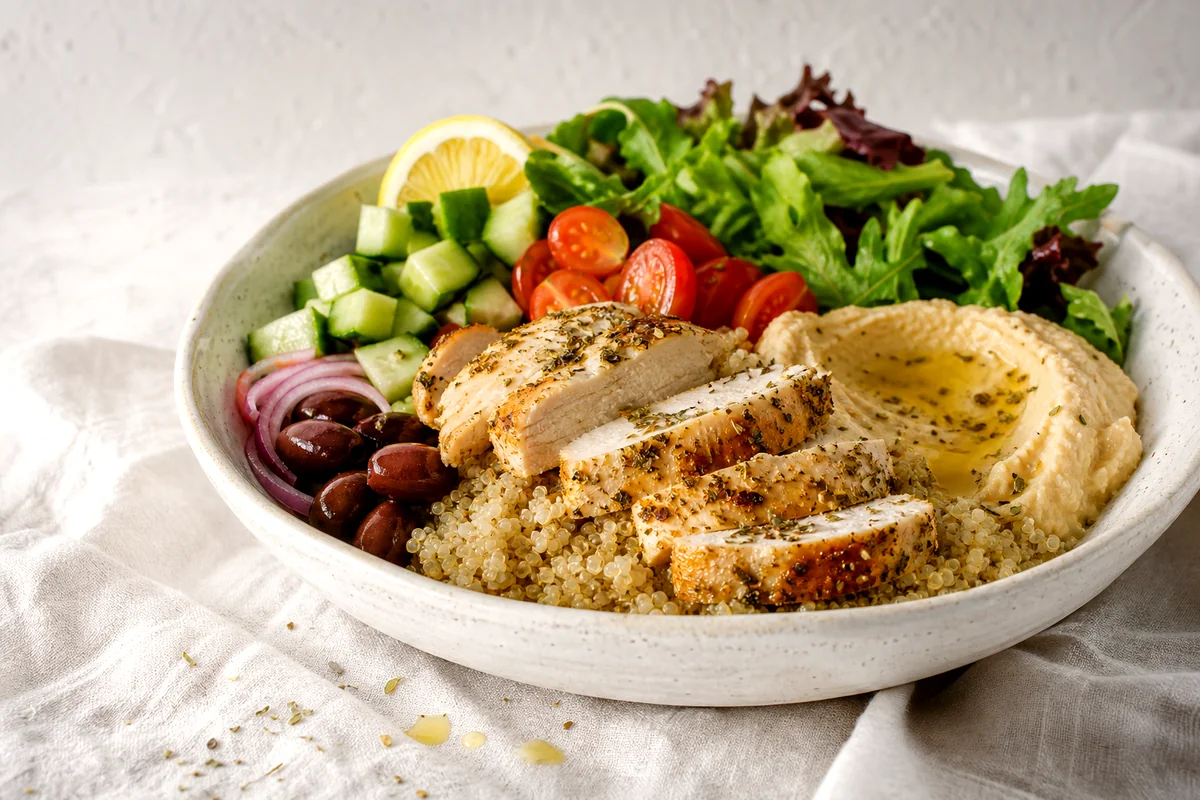 Sliced lemon oregano chicken over quinoa with hummus, cucumber, tomatoes, greens, olives, and red onion