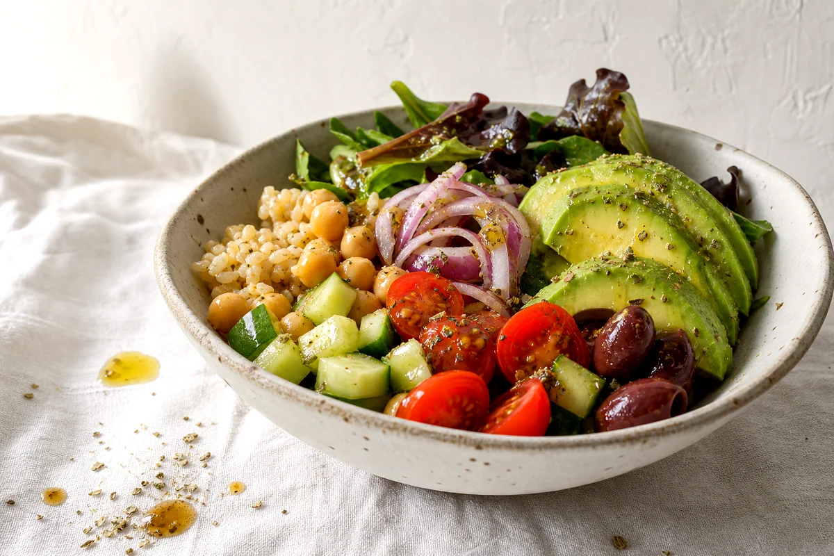 Greek chickpea brown rice bowl with avocado, vegetables, olives, and lemon oregano dressing