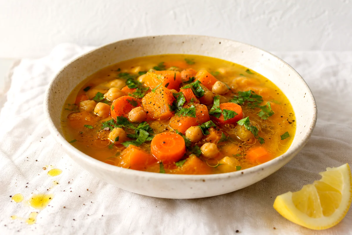 Golden pumpkin soup with chickpeas, carrots, parsley, olive oil, and lemon in a white ceramic bowl