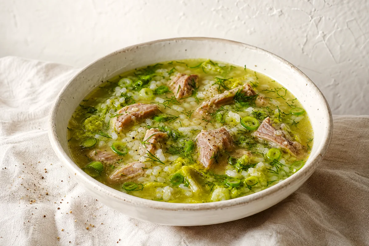 Creamy Greek lamb soup with rice, lettuce, dill, and lemon broth in a white ceramic bowl