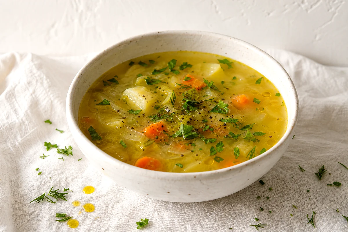 Bowl of Greek leek soup with potatoes, carrots, dill, parsley, and olive oil on white linen
