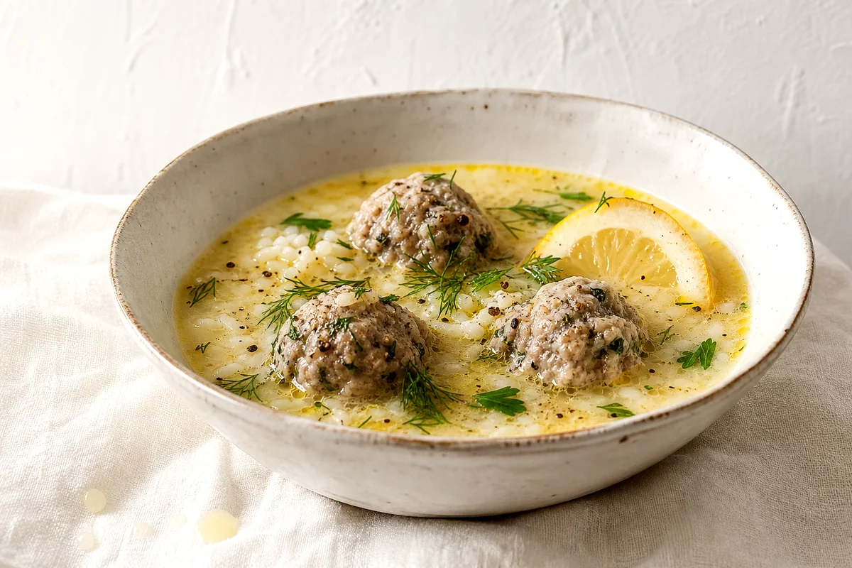 Tender meatballs in creamy lemon broth with dill and parsley in a white bowl