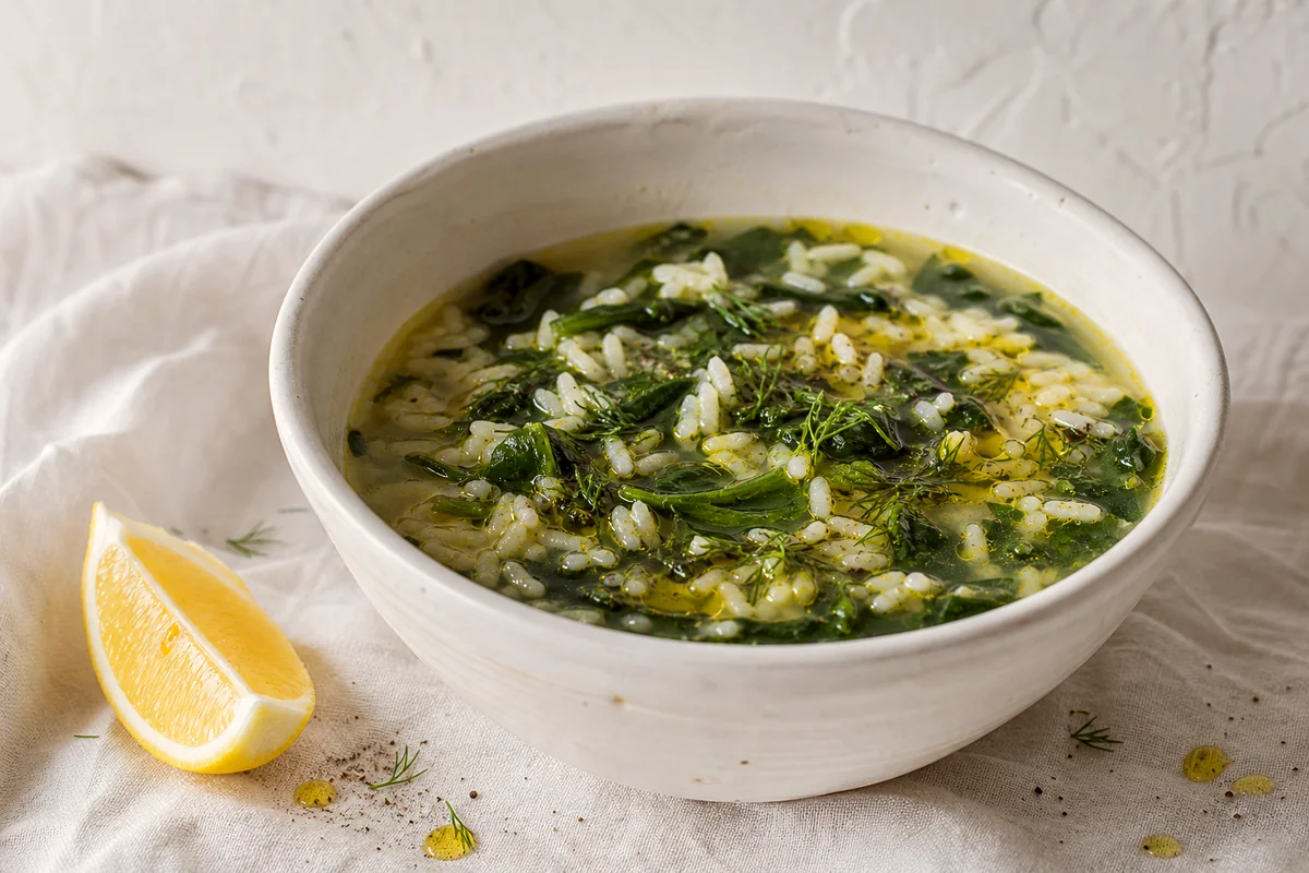 Greek spinach and rice soup with dill, olive oil, and lemon in a white ceramic bowl