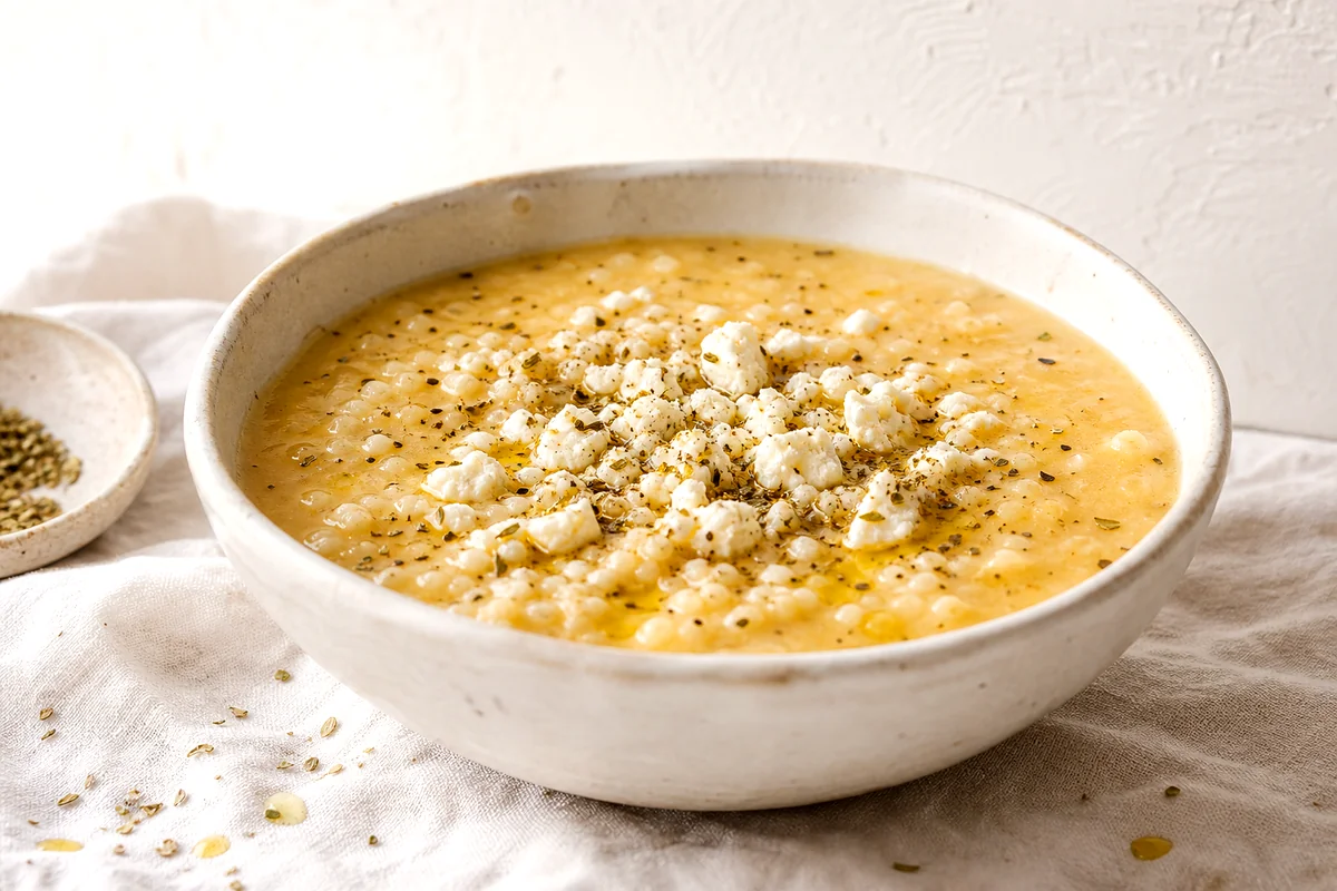 Creamy Greek trahana soup topped with crumbled feta, oregano, and black pepper in a white ceramic bowl