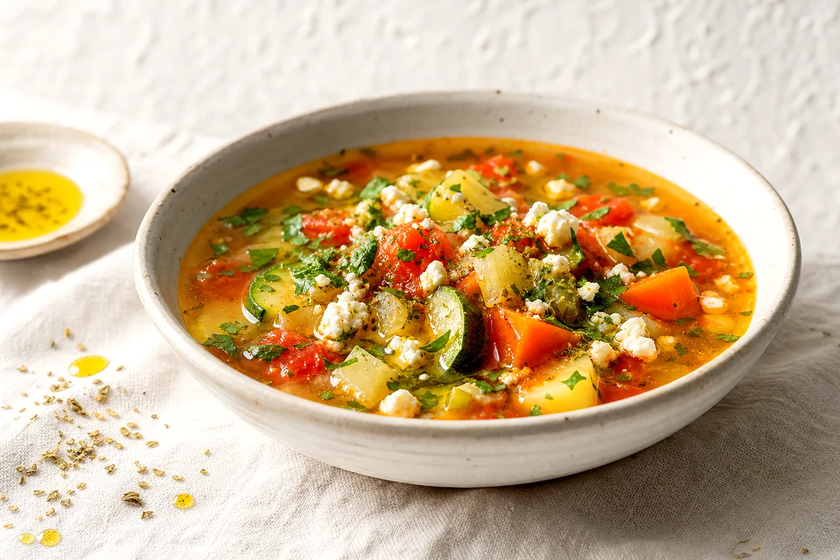 Close bowl of Greek vegetable soup topped with crumbled feta, parsley, and olive oil