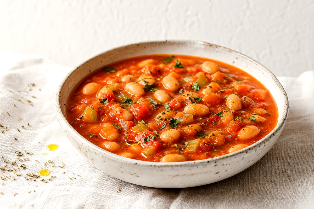 White bean and tomato soup with carrots, celery, parsley, and olive oil in a white ceramic bowl