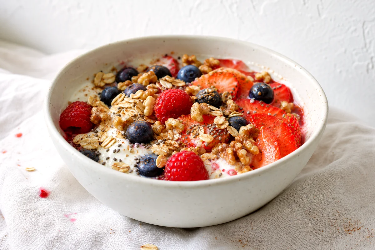 Creamy Greek yogurt bowl topped with mixed berries, oats, walnuts, chia seeds, and cinnamon
