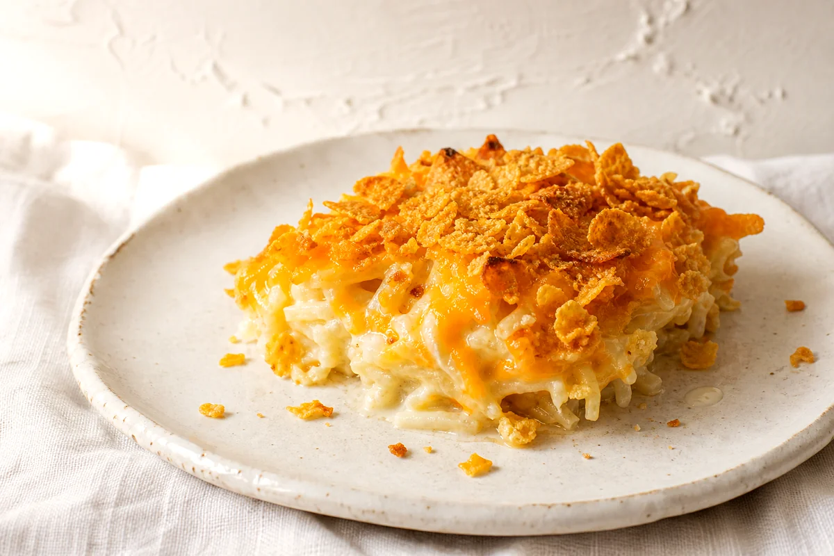 Creamy hash brown casserole serving with golden cornflake topping on a white ceramic plate