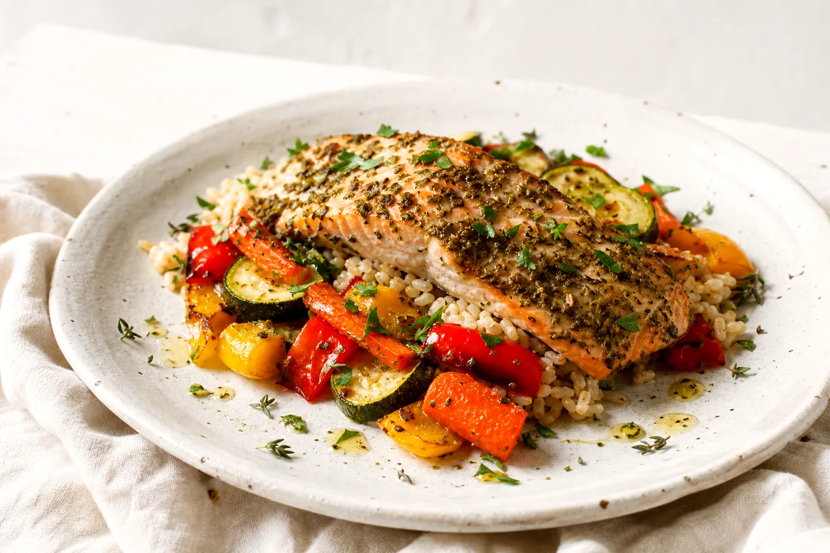 Flaky roasted trout served with brown rice, zucchini, peppers, carrots, and parsley