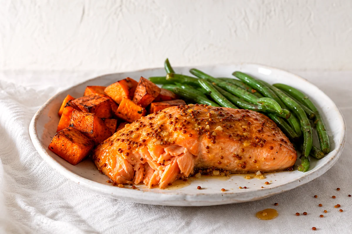 Glazed honey mustard salmon with green beans and roasted sweet potatoes on a white ceramic plate