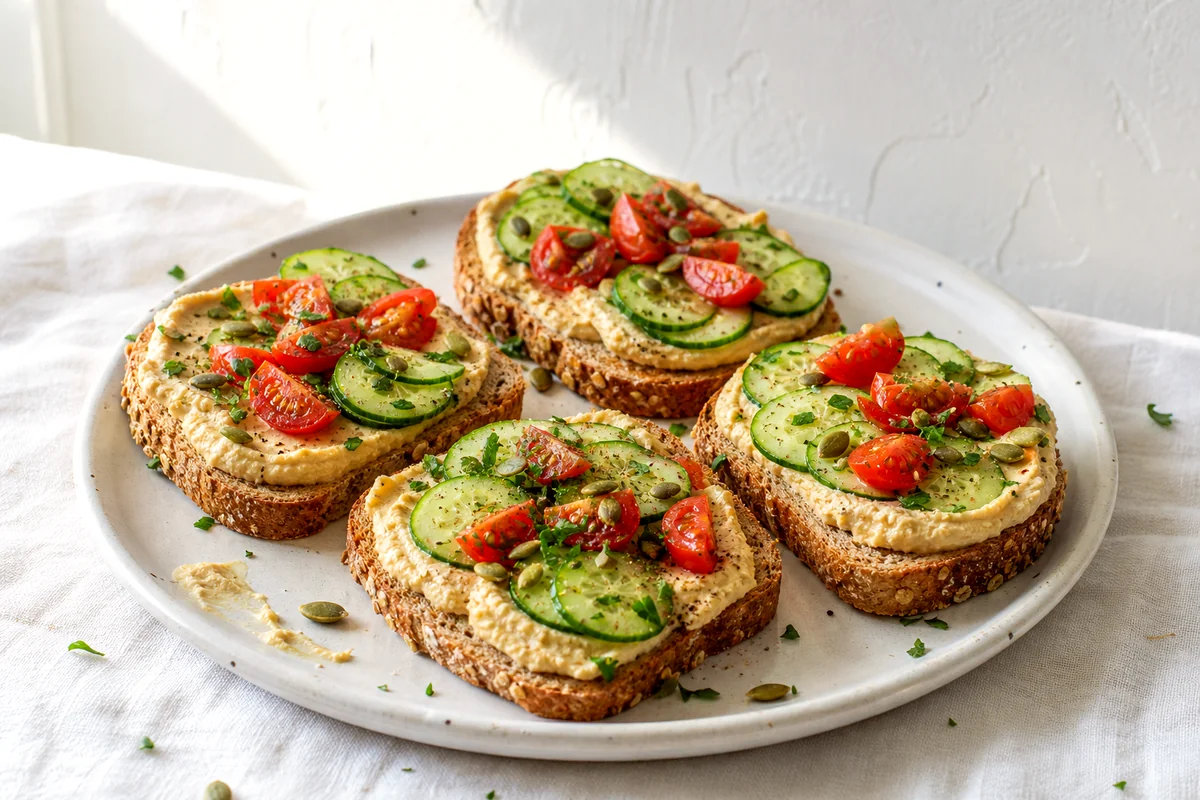 Whole grain toast with hummus, cucumber, tomatoes, pumpkin seeds, parsley, and black pepper