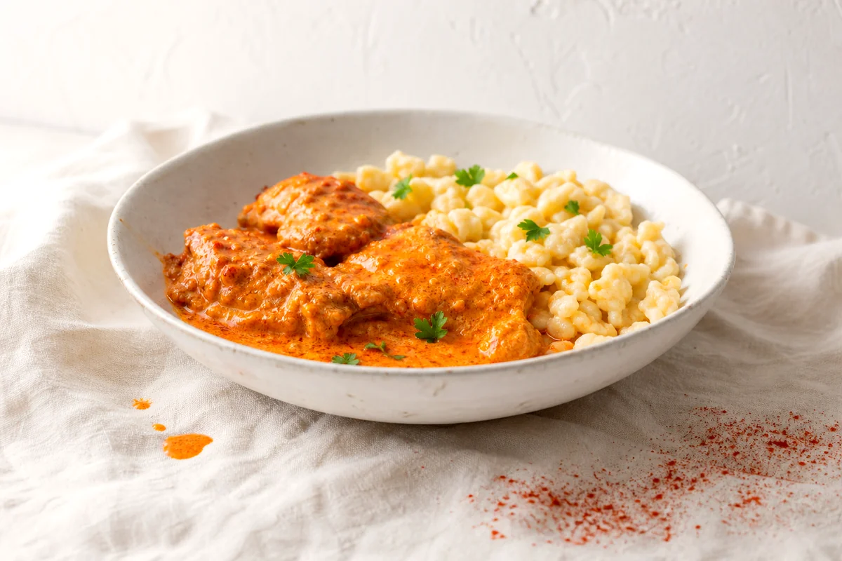 Tender chicken paprikash with creamy paprika sauce and nokedli dumplings in a white ceramic bowl