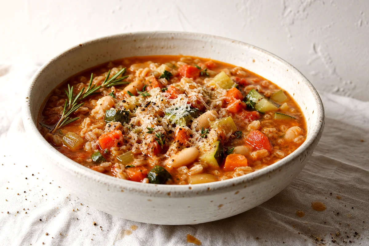 Hearty farro vegetable soup with beans, zucchini, tomatoes, herbs, and Parmesan in a white ceramic bowl