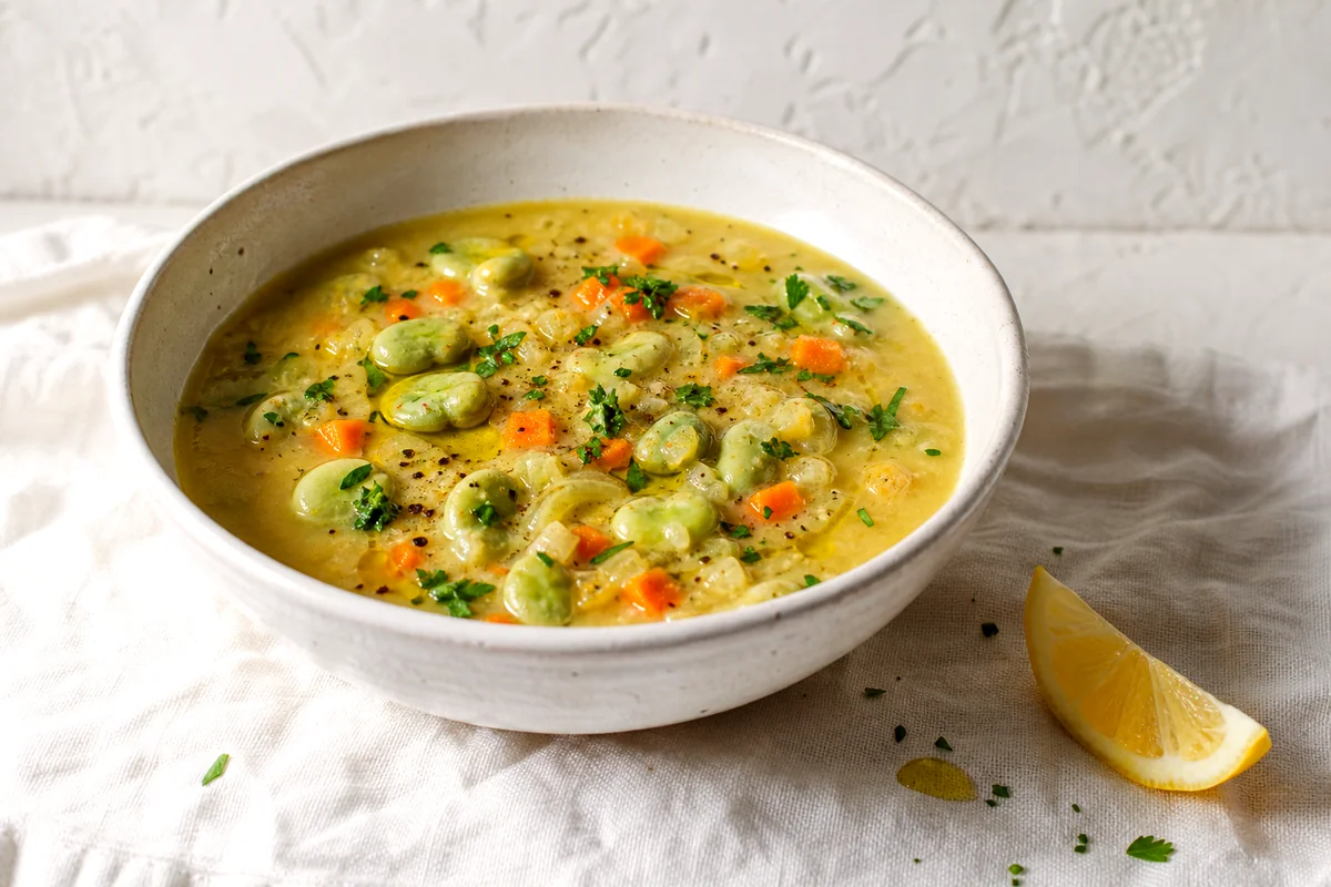 Creamy fava bean soup in a white ceramic bowl with parsley, olive oil, and lemon