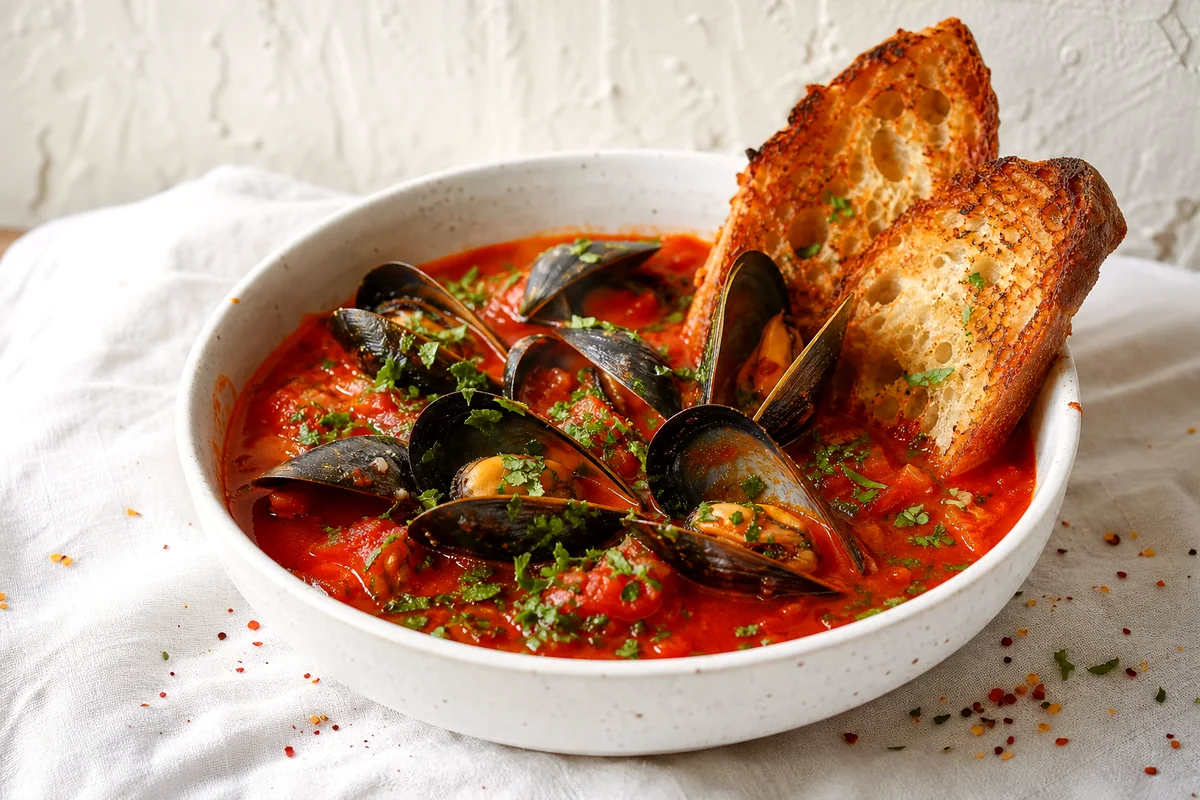 Open mussels in red tomato broth with parsley and toasted bread in a white ceramic bowl