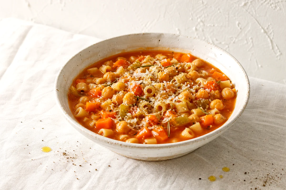 Rustic bowl of Italian pasta and chickpea soup with Parmesan and rosemary