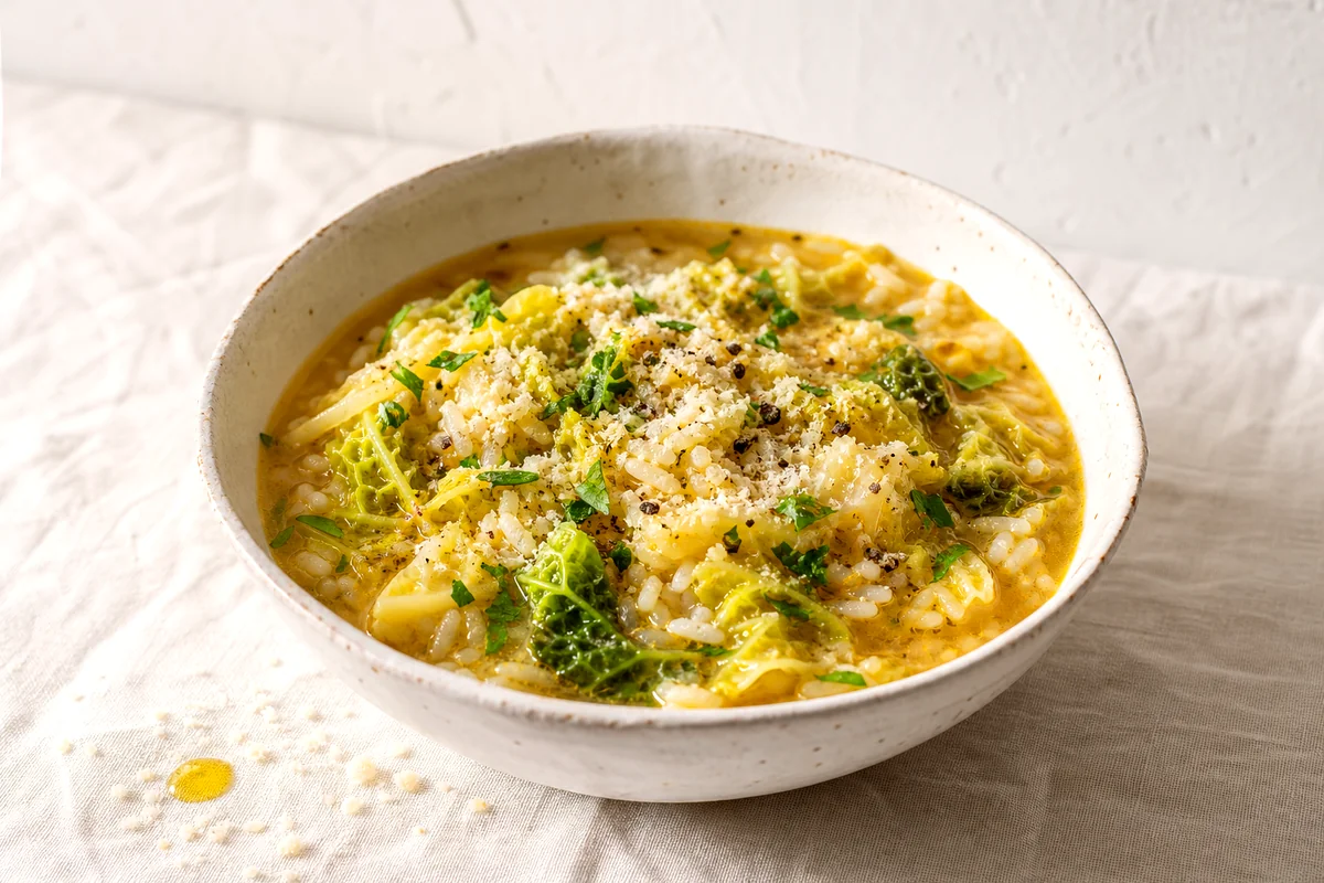 Finished Italian rice and cabbage soup with Savoy cabbage, rice, Parmesan, parsley, and black pepper