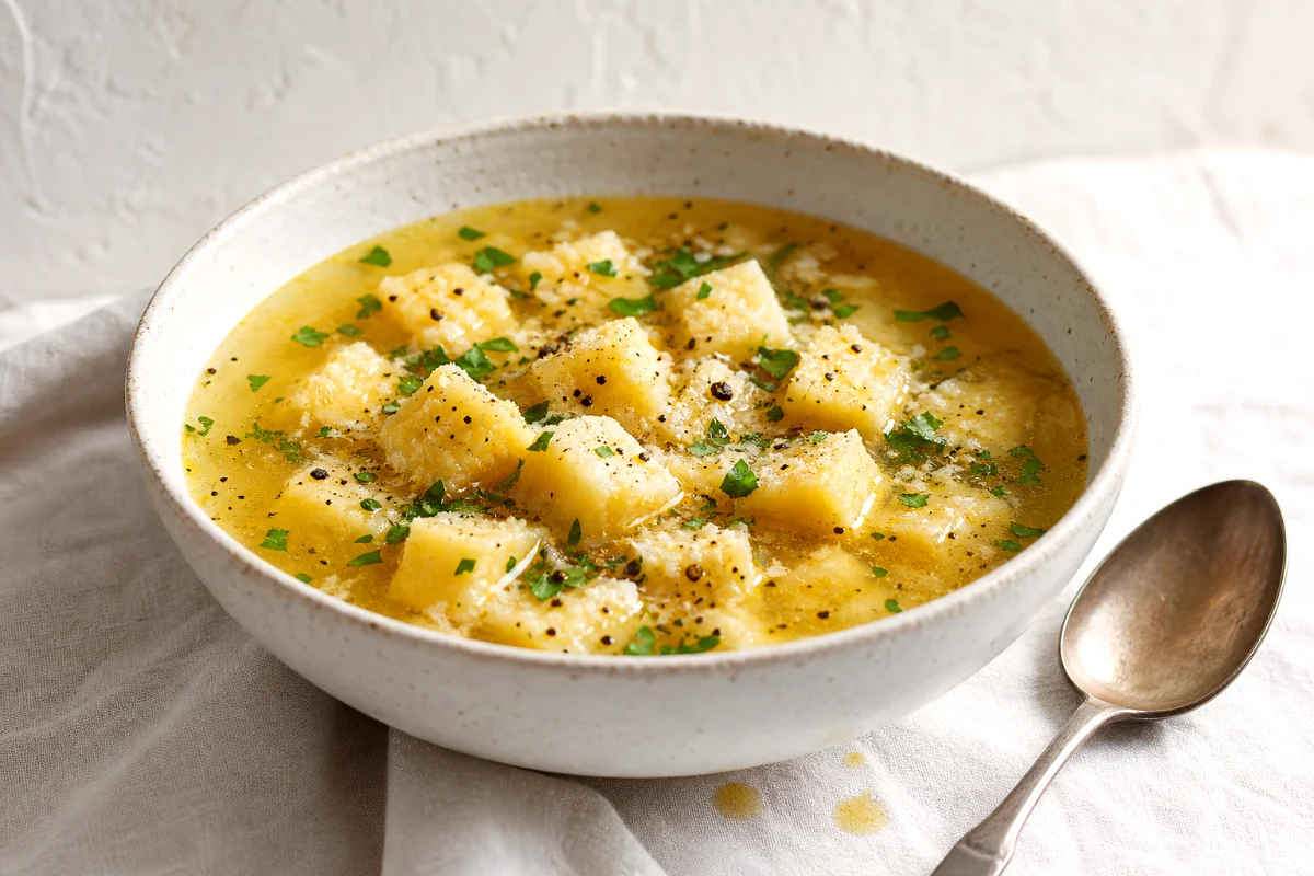 Golden broth with semolina Parmesan cubes, parsley, and black pepper in a white ceramic bowl