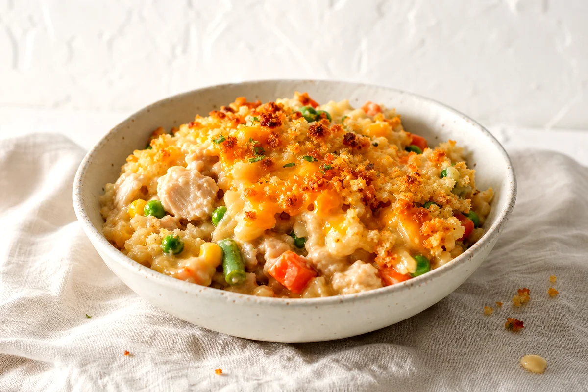Creamy turkey casserole with vegetables, cheddar, and golden breadcrumbs in a white ceramic bowl