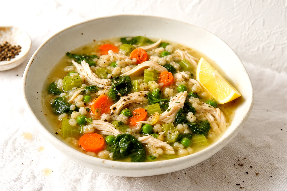 Bowl of lemon chicken barley vegetable soup with shredded chicken, carrots, peas, spinach, and lemon