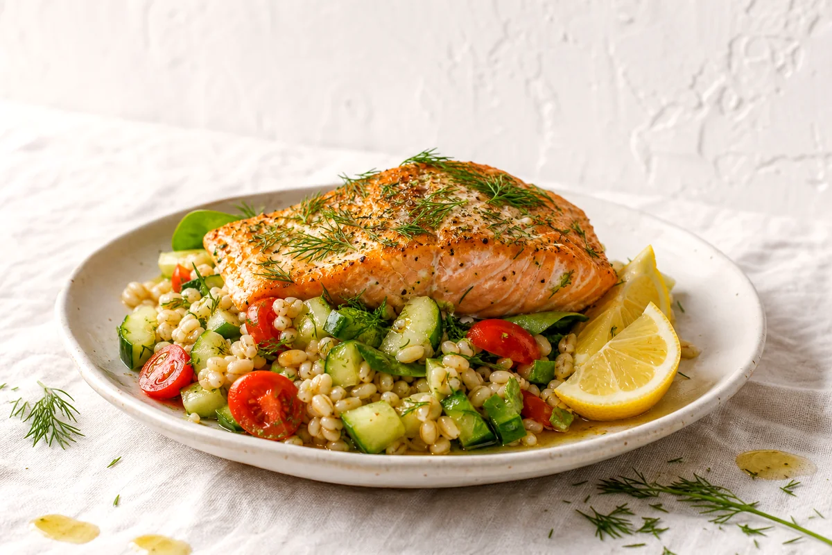 Flaky lemon dill salmon on barley cucumber salad with tomatoes, spinach, and fresh dill