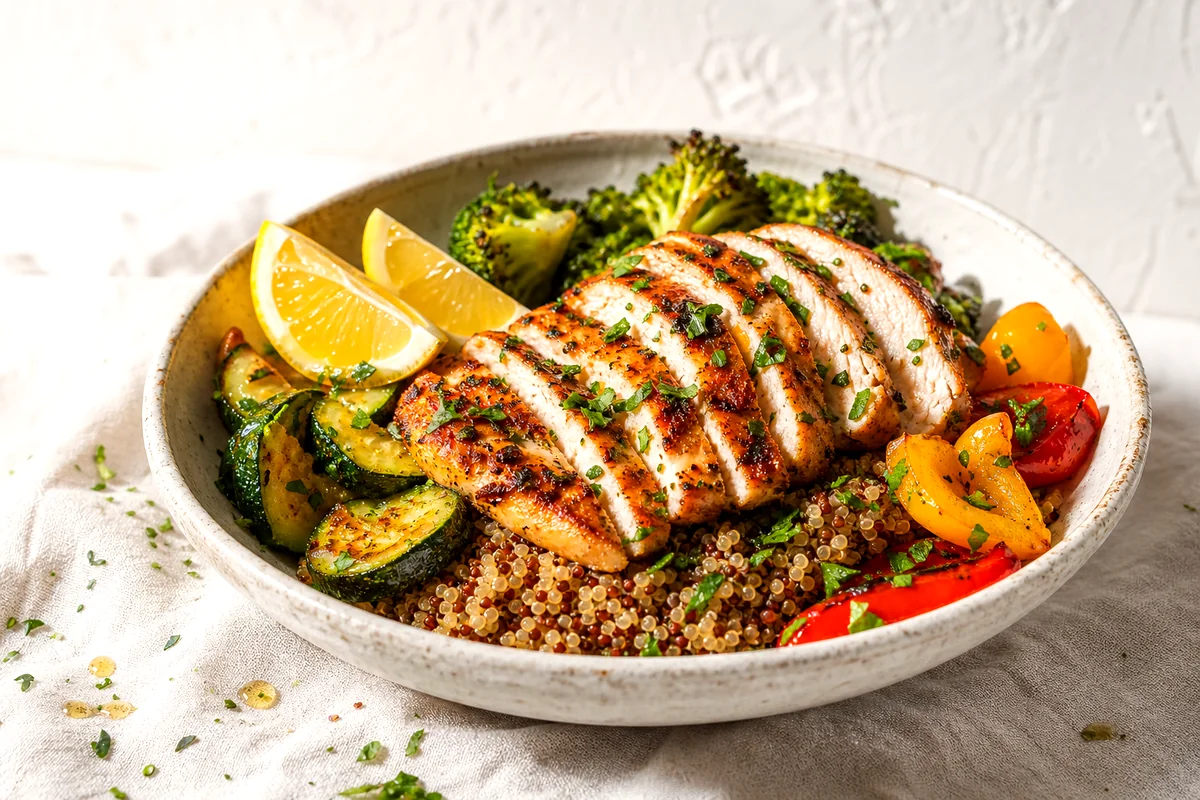 Sliced lemon garlic chicken over quinoa with roasted zucchini, peppers, broccoli, and lemon wedges