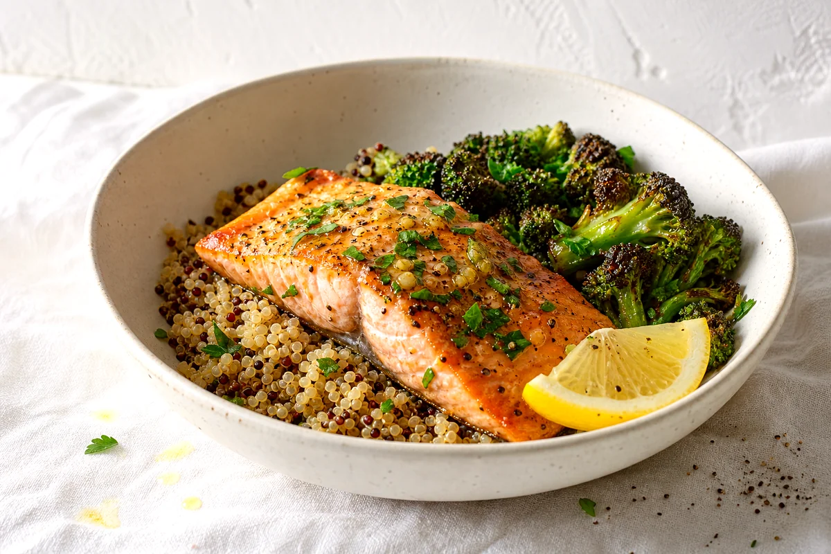 Flaky lemon garlic salmon served over quinoa with roasted broccoli and parsley