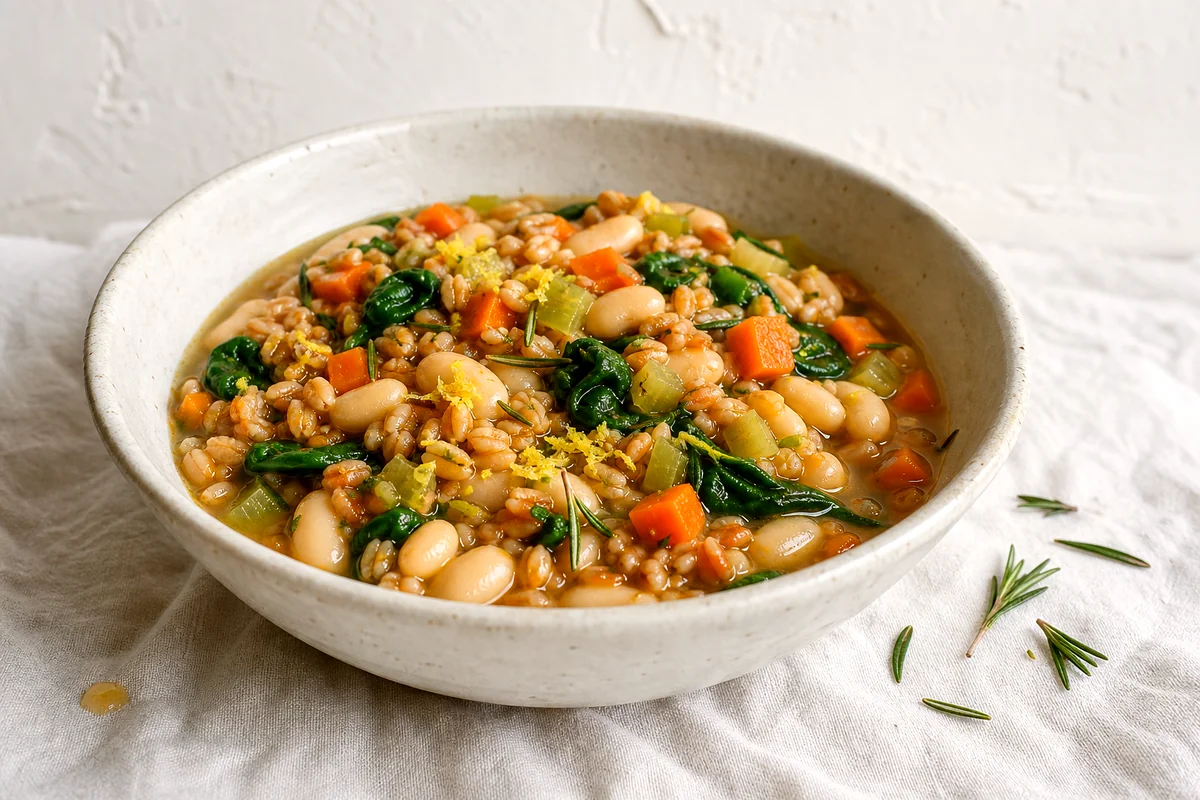 White bean farro stew with spinach, carrots, rosemary, and lemon zest in a white ceramic bowl