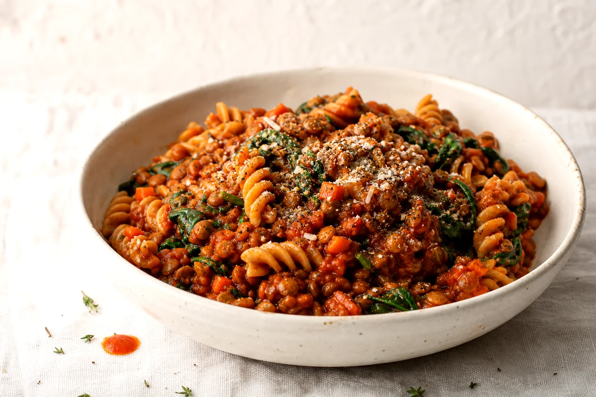 Whole wheat pasta topped with thick lentil tomato sauce and spinach in a white ceramic bowl